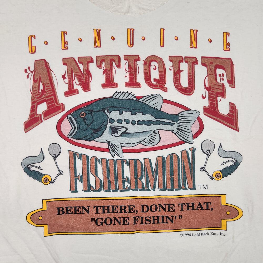 Vintage Genuine Antique Fisherman Shirt Mens Large White Funny Fish Graphic 90s